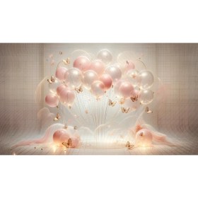 Resim Venspor Pembe ve Altın Renkli Balonlar ve Kelebeklerle Süslenmiş Zarif Arkaplan 200 x 150 cm Fon Duvar Örtüsü 