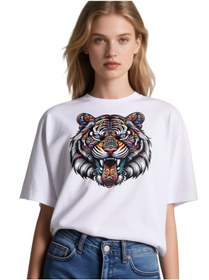 Resim Kaplan Oversize Unisex T-shirt Beyaz 