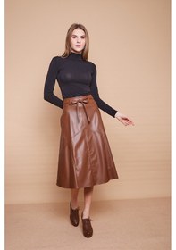 Resim Ekolojik Suni Deri Yüksek Bel Cepli Uzun Diz Altı Kiloş Etek-Taba 