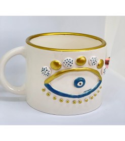 Resim Sim Atölye Göz Desenli El Yapımı Altın Yaldız Detaylı Geniş Kahve Kupası 