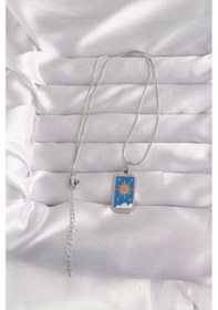Resim 316l Çelik Gümüş Renk Mavi Mineli Güneş Model Tarot Kolye Çok Renkli 