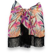 Resim pistore Mor Yaprak Desenli Şifon Kısa Püsküllü Pareo Bağlamalı Kadın Plaj Elbisesi Yeni Sezon 95*145 Cm 