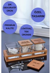 Resim 3'lü Standlı Kulak Pamuğu Pamuk Ve Diş İpi Kavanozu Cam Pamukluk, Dekoratif Banyo Düzenleyici Şeffaf 