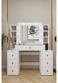 Resim Ases Mobilya Ela657 Hollywood Işıklı Makyaj Masası Bol Çekmeceli Özel Bölmeli Ve Extra Raflı Beyaz Beyaz 