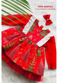 Resim Yeniyıl Çam Ağaç Desenli Kırmızı Kız Çocuk Bebek Noel Elbise 001 