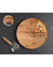 Resim Bk Gift Kişiye Özel Isimli Bambu Ahşap Döner Tablalı Pizza Tahtası-6, Pizza Kesme Tahtası Seti, Şarküteri Tahtası, Servis Tepsisi, Ahşap Tabak, Eve Taşınma Hediyesi 