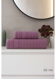 Resim Banyo Havlu Seti %100 Pamuk 2 Parça 50 90 + 90 150 Cm Soft Comfort Mürdüm 