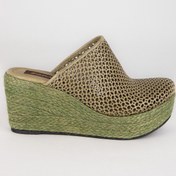 Resim Elile Shoes Kadın Yeşil Hakiki Deri Yüksek Jüt Topuk Kapalı Burun Terlik 