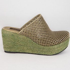 Resim Elile Shoes Kadın Yeşil Hakiki Deri Yüksek Jüt Topuk Kapalı Burun Terlik 