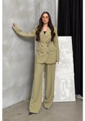 Resim Kadın İkili Blazer Ceket Pantolon Takım Aksesuar Ve Düğme Detaylı Bol Paça Açık Haki 