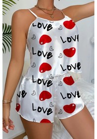 Resim Hello Papana Hello Papana Love Desenli Beyaz Saten Şortlu Gecelik Takım Çok Renkli 