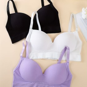 Resim 3'lü Kadın Push-Up Sütyen Seti - Tam Vücut Destek, Dolgusuz Rahat Kalıp, Telsiz Yumuşak Kap Dizaynı, Çok Renkli Seçenekler (Siyah, Beyaz, Mor) - Şık Günlük ve Özel Etkinlik Lingerie, İlave Tel Olmadan Elde Yıkanabilir, Kaymaz Tutucu Askılı İç Çamaşırı 