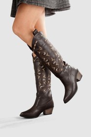 Resim BOBx Kadın Acı Kahve 3 Renk Nakışlı Kovboy Kalın Baldır Uyumlu Fermuarsız Çekme Çizme 2025 Yeni Sezon 