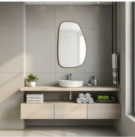 Resim 30x48 Cm Modern Organik Form Banyo Aynası Altın Çerçeveli Asimetrik Duvar Aynası Minimalist Şık Dekor Ayna Altın 