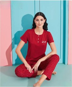 Resim Pijamoni Kadın Viskoz Likralı Düğme Yaka Kaşkorse Patlı Kısa Kol Pijama Takımı 5520-3 / 1 Adet Kırmızı 