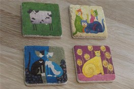 Resim Sevimli Kediler ve İnek Doğal Taş Bardak Altlığı 4'lü set - Natural Stone Coasters 