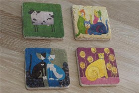Resim Sevimli Kediler ve İnek Doğal Taş Bardak Altlığı 4'lü set - Natural Stone Coasters 