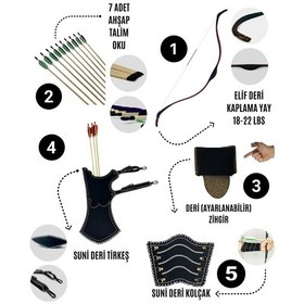 Resim Geleneksel Okçuluk Başlangıç Seti - Elif Yay Kaplamalı + 7 Ok + Zihgir + Tirkeş + Kolçak 