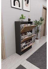 Resim Mirobi Kembe 3 Bölmeli Açılır Modern Dekoratif Ayakkabılık An... Antrasit - Atlantik Çam 