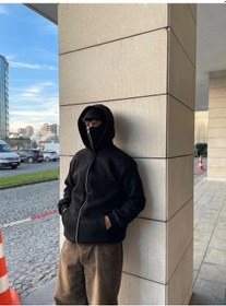Resim Samuray Ninja Çift Kapşonlu Zıp Fermuarlı Kanguru Çepli Tam Fermuarlı Hoodie Swetshirt - Siyah SIYAH 