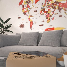 Resim Renkli Baskılı 3D Ahşap Dünya Haritası (Terracotta) - 300x187 cm / İngilizce 