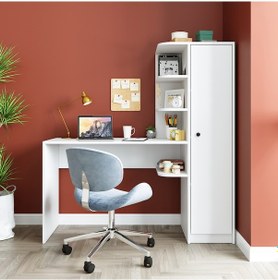 Resim Roma Raflı Çalışma Masası , Çalışma Ofis Masası Sağ Dolap Beyaz Mat Beyaz 