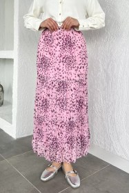 Resim Bel Lastikli Desenli Şifon Tesettür Etek Pembe TZL-P-00020609 