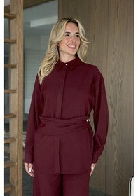 Resim Laluvia Bordo Gold Aksesuar Düğmeli Gömlek Pantolon Takım - 8856 Bordo 