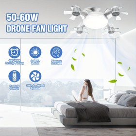 Resim Modern Drone-Shaped Tavan Fanı Işığı, Siyah ve Beyaz, Kolay Kurulum E27 Arayüzü, Üç Renkli Adım Adım Karartma, Üç Hızlı Rüzgar Kontrolü, Uzaktan Kumandalı, İş Masası, Çalışma, Yatak Odası, İç Mekan Kullanımı İçin Tavan Fanları İçin İdeal 
