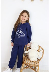 Resim 3 İp Baskılı Kapüşonlu Şardonlu İkili Takım Lacivert 