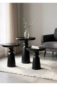 Resim ASELYA HOME Doğal Ahşap 3’lü Set Siyah Renk Mantar Yan Sehpa Modern Fiskos Zigon Çiçeklik 