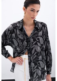 Resim Sateen Desenli Saten Gömlek - Siyah-135960 Siyah 