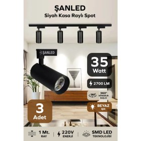 Resim ŞANLED Siyah Kasa Beyaz/Günışığı 35W Raylı Spot / 3 Adet + 1 Metre Ray 
