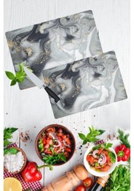 Resim 2'Li Takım Gri Altın Mermer Görünümlü Takım Cam Kesme Tahtası - C 