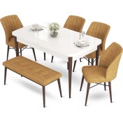Resim Canisa Concept Aya Serisi 80 x 132 cm Beyaz Masa Ceviz Ayak Mutfak Masa Takımı 4 Sandalye 1 Bench 