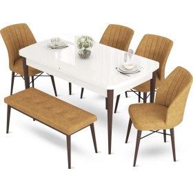 Resim Canisa Concept Aya Serisi 80 x 132 cm Beyaz Masa Ceviz Ayak Mutfak Masa Takımı 4 Sandalye 1 Bench 