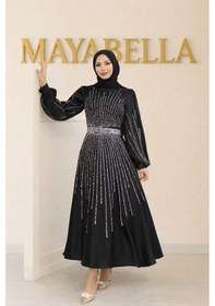Resim Mayabella İşlemeli Saten Tesettür Abiye Siyah Siyah 