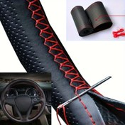 Resim 38 cm / 15 inç Kendin Yap El Dikiş Mikrofiber Sahte PU Deri Direksiyon Kılıfı SİYAH&KIRMIZI Dana Derisi PU Deri Kaymaz Otomobil Direksiyon Kılıfı İğneli Araba Direksiyonu 