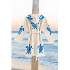 Resim Varol %100 Organik, El İşçiliği Taş Baskı Garson Boy Bornozu - Caretta Krem/9-10yas Krem - Mavi 