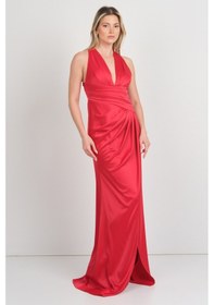 Resim Doridorca Kadın Derin V Yaka Beli Drapeli Maxi Boy Abiye Elbise 7084 Kırmızı Kırmızı 