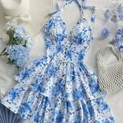 Resim Kadınların Ruffle Etekli Çiçek Desenli Elbise - Pembe ve Beyaz Su Temelli Gül Desenli, Bağcıklı Omuz Düğmesi, Kolsuz Yaz Elbisesi Plaj, Düğün ve Festival için, Bohem Tarzı, Yaz Elbiseleri 