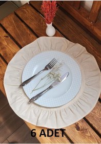 Resim Lizbon Naturel Keten Yuvarlak Fırfırlı 6 Li Vintage Amerikan Servis Bej 40x40 