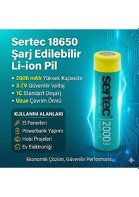 Resim Sertec 18650 Şarjlı Pil 2000mah Fener Pili 3.7v Li-ion Başlıksız Düz 2li 