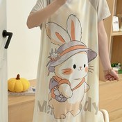 Resim Kadınlar için Hafif Kısa Kollu Uyku Elbisesi - Sevimli Tavşan Karikatür Baskısı, Bol Kesim Yuvarlak Yaka Yazlık Giyim, Yumuşak Gri Rahat Pijama Elbisesi, Tavşan Pijamaları, Rahat Uyku Giyimi, Eğlenceli Uyku Giyimi, Hafif Kumaş 