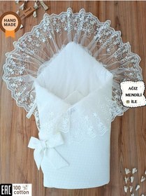 Resim Dantelli Bebek Battaniyesi %100 Pamuklu Doğal Organik Uyku Kundağı Hediyelik Yenidoğan Mevlütlük Knd45514 Ekru 