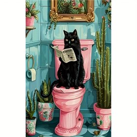 Resim Siyah Kedi Gazete Okuyor Tuvalette 5D Elmas Boyama Kiti, DIY Yuvarlak Elmas Sanatı, Hayvan Temalı Tam Delme Kanvas Mozaik Zanaat, Çerçevesiz Duvar Süsü Ev ve Ofis için 