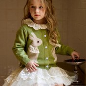Resim Kızlar için Yeşil Örgü Hırka Ceket Beyaz Yaka & Tavşan Baskılı - Paskalya Tavşan Kıyafeti, İlkbahar/Sonbahar İkramiye İçin Esnek ve Rahat Kazak Mont (Makinede yıkanabilir) 