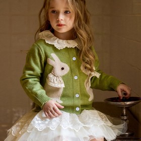 Resim Kızlar için Yeşil Örgü Hırka Ceket Beyaz Yaka & Tavşan Baskılı - Paskalya Tavşan Kıyafeti, İlkbahar/Sonbahar İkramiye İçin Esnek ve Rahat Kazak Mont (Makinede yıkanabilir) 