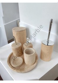 Resim Sarı Traverten Klasik Model 7 Parça Gümüş Renk Kuş Tüyü Aksesuarlı Banyo Seti Sarı Traverten 