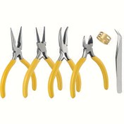 Resim 6 parça/1 set, ince uçlu pense, kavisli pense, yuvarlak uçlu pense, açık uçlu anahtar ve cımbız içeren sarı pense takımı, başlangıç seviyesi için uygun ev aletleri 